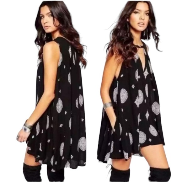 Free People Tops - Free People Retro Medallion Tree Swing Tunic Dress Sleeveless Black Women's L